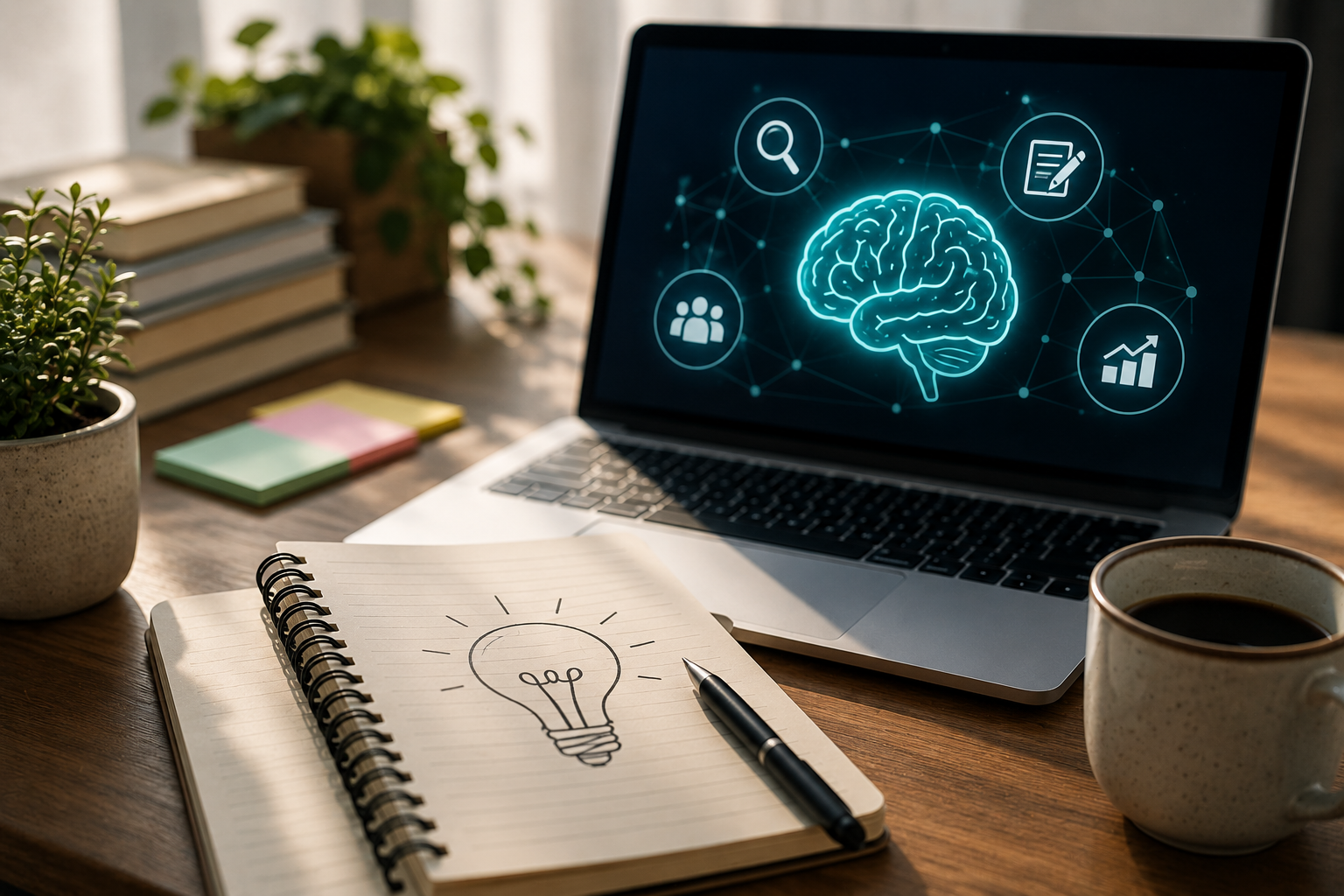 Notebook exibindo interface de inteligência artificial com ícones de SEO, conteúdo e análise de dados para criação de artigos com ChatGPT