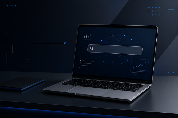 ambiente tecnológico minimalista representando SEO, inteligência artificial e busca generativa