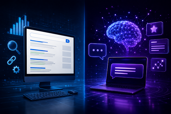 Ambiente tecnológico futurista representando busca generativa, SEO moderno e inteligência artificial aplicada à internet