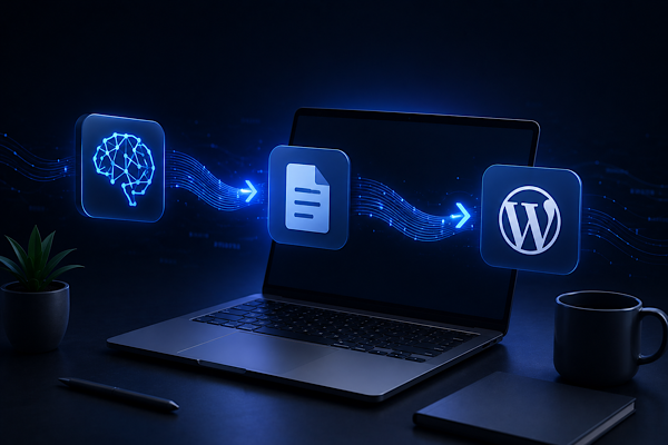 Fluxo digital conectando inteligência artificial, produção de conteúdo e WordPress dentro do novo SEO e da busca generativa em 2026