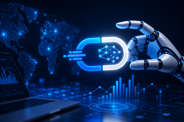Tecnologia de inteligência artificial aplicada ao marketing digital com interface futurista azul e robô interagindo com dados digitais