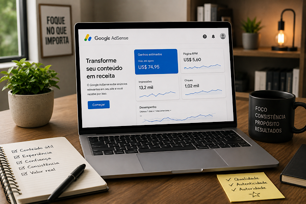 Painel do Google AdSense exibido em notebook moderno com ambiente profissional de trabalho digital organizado