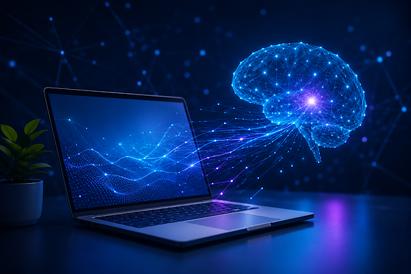 Inteligência artificial conectando laptop moderno em ambiente tecnológico futurista com rede neural digital e fluxo de dados