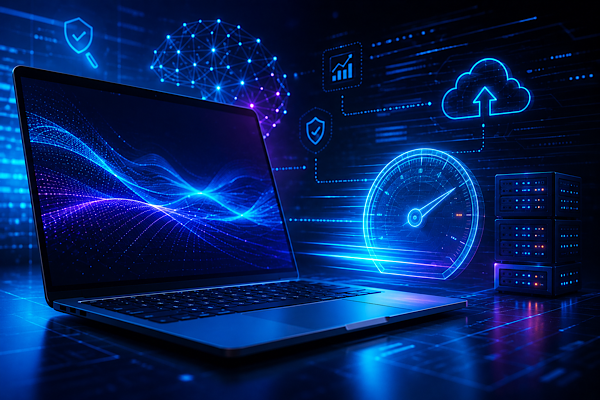 Laptop futurista com interface digital neon representando SEO moderno, inteligência artificial, velocidade e otimização para AI Search