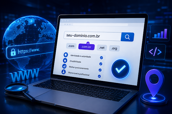Laptop futurista exibindo pesquisa de domínio e elementos digitais relacionados a SEO, branding, autoridade e estruturação de blogs