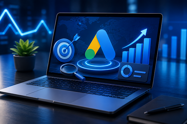 Laptop com interface futurista do Google Ads representando tráfego pago, SEO moderno, métricas digitais e crescimento estratégico em 2026