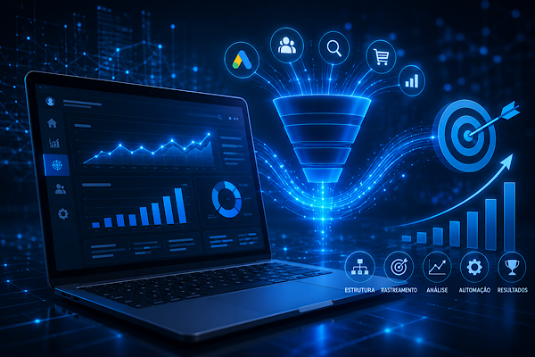 Escalonamento de campanhas digitais com inteligência artificial, análise de dados e crescimento estratégico em ambiente tecnológico.