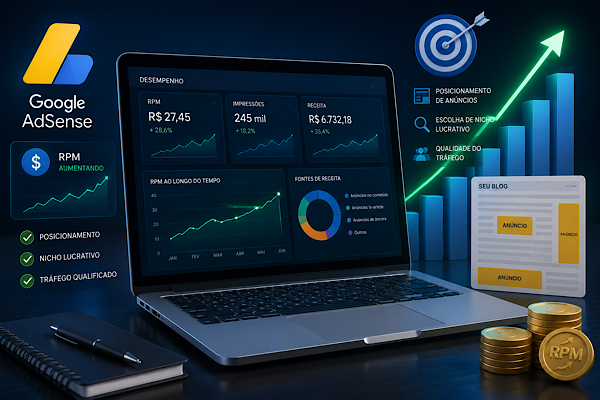Notebook com painel de análise de monetização digital exibindo crescimento de receita, otimização de anúncios, tráfego qualificado e estratégias para aumentar o RPM do AdSense.