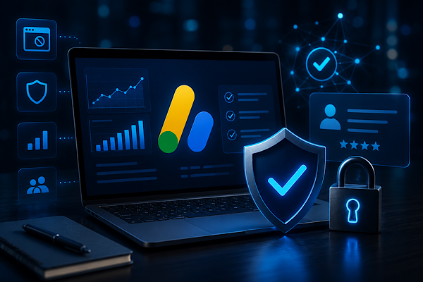 Painel do Google AdSense com indicadores de segurança, monitoramento de conta e proteção contra violações em ambiente digital tecnológico.