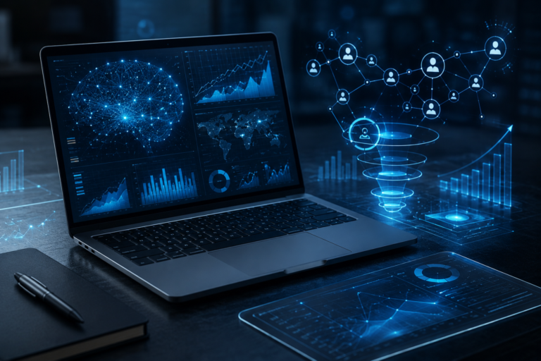 Notebook moderno exibindo inteligência artificial, dashboards holográficos, análise de dados, SEO, GEO e monetização digital em ambiente tecnológico futurista.
