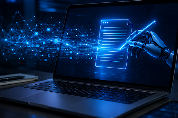 Interface tecnológica representando escrita assistida por inteligência artificial para criação de conteúdo e otimização de SEO