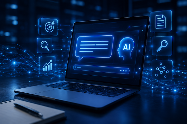 Interface tecnológica representando criação de prompts estratégicos com inteligência artificial para produção de conteúdo.
