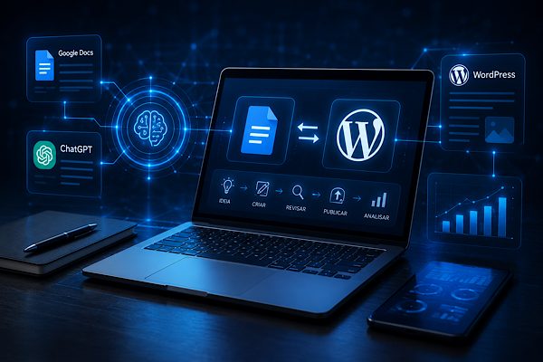 Fluxo inteligente de conteúdo integrando IA, Google Docs e WordPress em ambiente tecnológico.