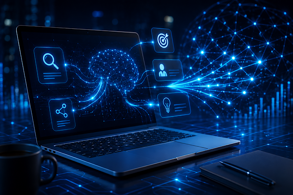 Tecnologia, inteligência artificial e SEO semântico representados por notebook futurista conectado a redes digitais e fluxos de dados.