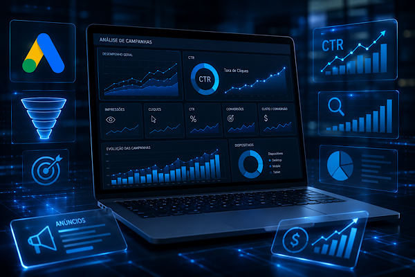 Dashboard de marketing digital exibindo métricas de CTR, análise de desempenho de campanhas, tráfego pago e otimização de anúncios em ambiente tecnológico moderno.