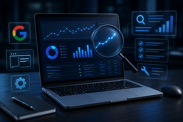 Painel de análise de monetização digital com gráficos de crescimento, indicadores de desempenho, tráfego qualificado e otimização de receita para blogs e AdSense.