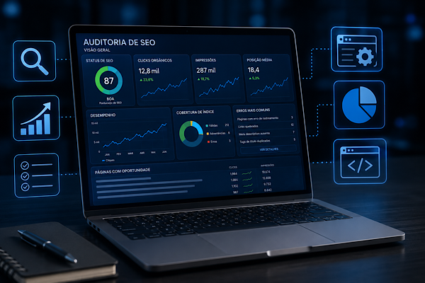 Notebook exibindo painel avançado de auditoria SEO com métricas de desempenho, monitoramento técnico, análise de indexação e oportunidades de crescimento orgânico.