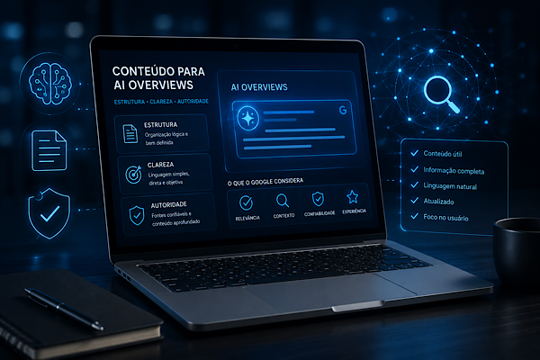 Notebook moderno exibindo análise de conteúdo para AI Overviews, busca generativa, SEO semântico, autoridade digital e otimização para mecanismos de busca baseados em inteligência artificial.