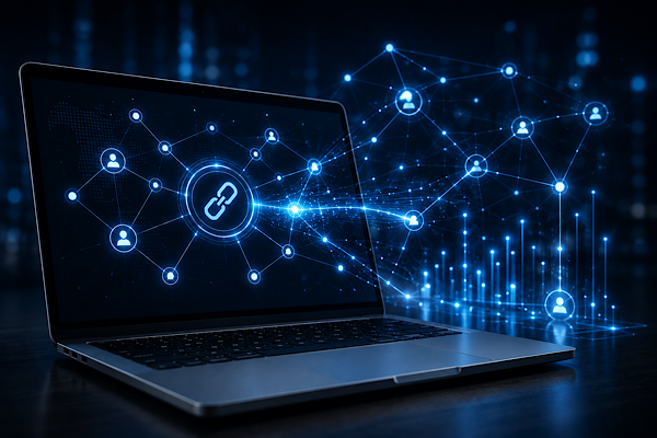 Rede digital representando backlinks, autoridade de domínio e estratégias de link building para crescimento orgânico.