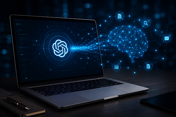 Notebook exibindo conexão entre inteligência artificial generativa e sistema de busca, representando estratégias para aumentar a visibilidade de conteúdos em plataformas de IA.