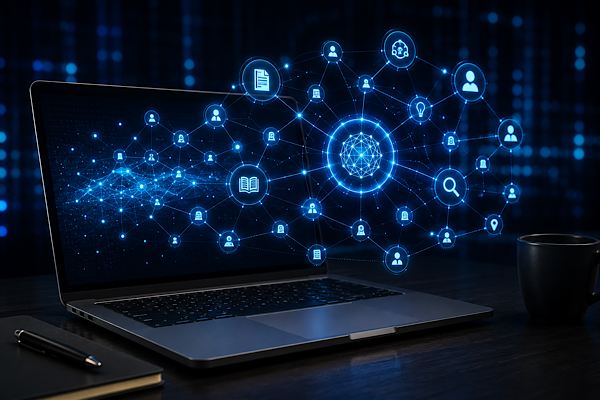 Rede de entidades semânticas conectadas por relacionamentos contextuais em ambiente tecnológico de inteligência artificial e SEO avançado.