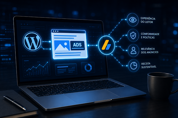Notebook moderno exibindo painel de monetização digital com foco em configuração estratégica de anúncios, experiência do usuário e otimização de receita.