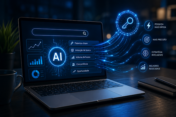Pesquisa de palavras-chave com inteligência artificial exibida em painel tecnológico avançado para análise SEO e oportunidades de tráfego