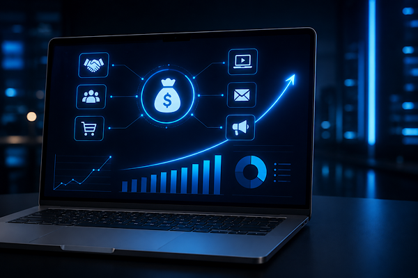 Painel tecnológico com múltiplas fontes de monetização digital para blogs exibidas em interface futurista com gráficos de crescimento.