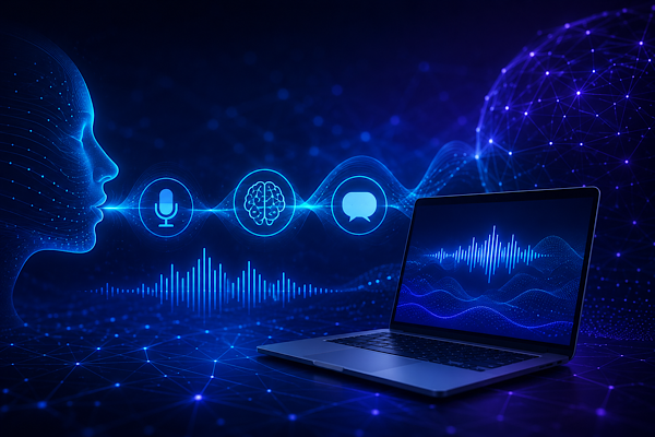 Interface tecnológica representando busca por voz, inteligência artificial e otimização de conteúdo para assistentes virtuais.