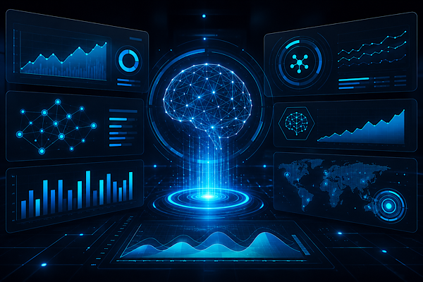 Painel tecnológico com dashboards, gráficos e inteligência artificial representando o monitoramento de citações de um blog por sistemas de IA.