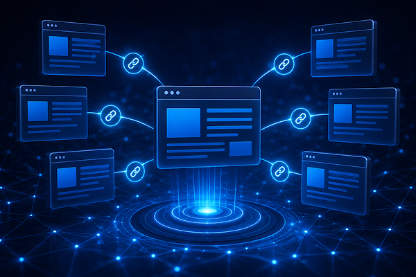 Estrutura digital de links internos conectando páginas para distribuição de autoridade e otimização de SEO.